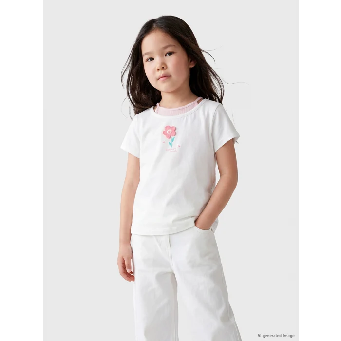 LCW Kids Beyaz Çiçek Nakışlı Kız Çocuk Tişört
