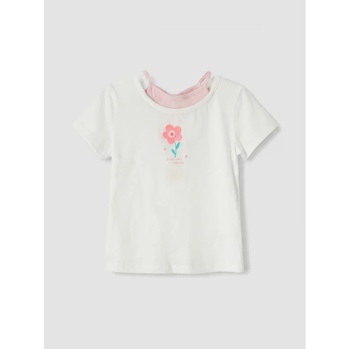 LCW Kids Beyaz Çiçek Nakışlı Kız Çocuk Tişört