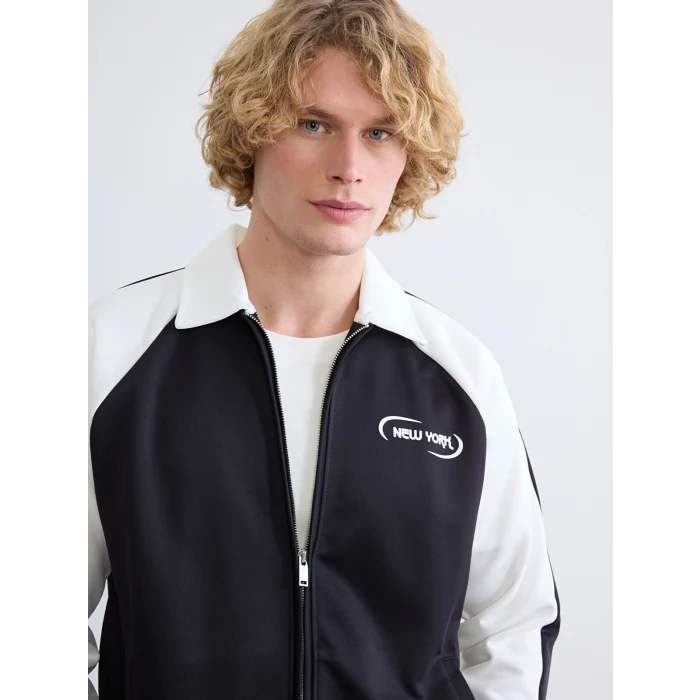 XSIDE Siyah Loose Fit New York Baskılı Erkek Fermuarlı Sweatshirt