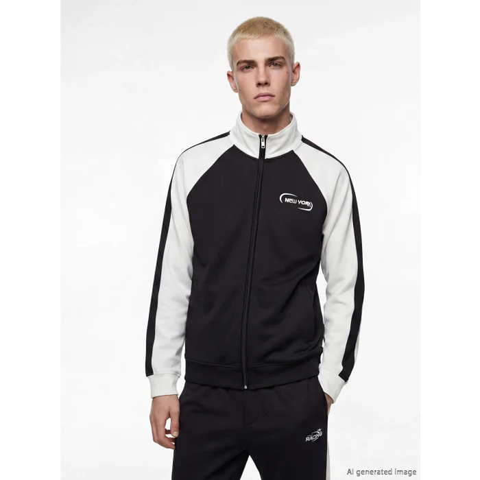 XSIDE Siyah Loose Fit New York Baskılı Erkek Fermuarlı Sweatshirt