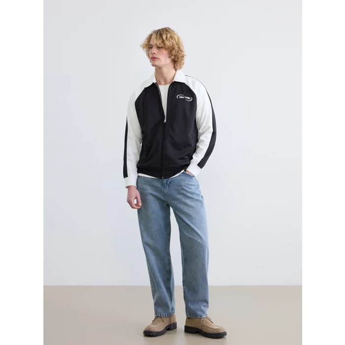 XSIDE Siyah Loose Fit New York Baskılı Erkek Fermuarlı Sweatshirt