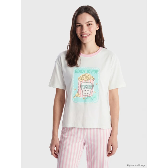 LCW Young Pembe Bisiklet Yaka Baskılı Kadın Pijama Takımı