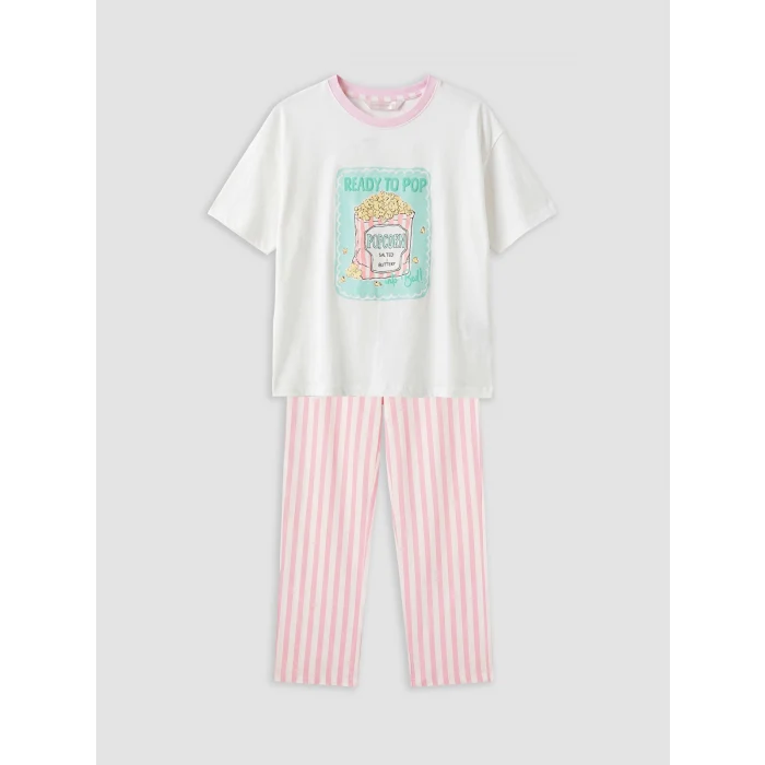 LCW Young Pembe Bisiklet Yaka Baskılı Kadın Pijama Takımı