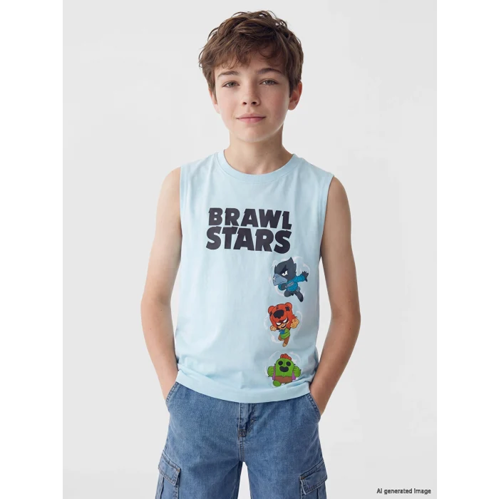 LCW Kids Mavi Bisiklet Yaka Brawl Stars Baskılı Erkek Çocuk Atlet