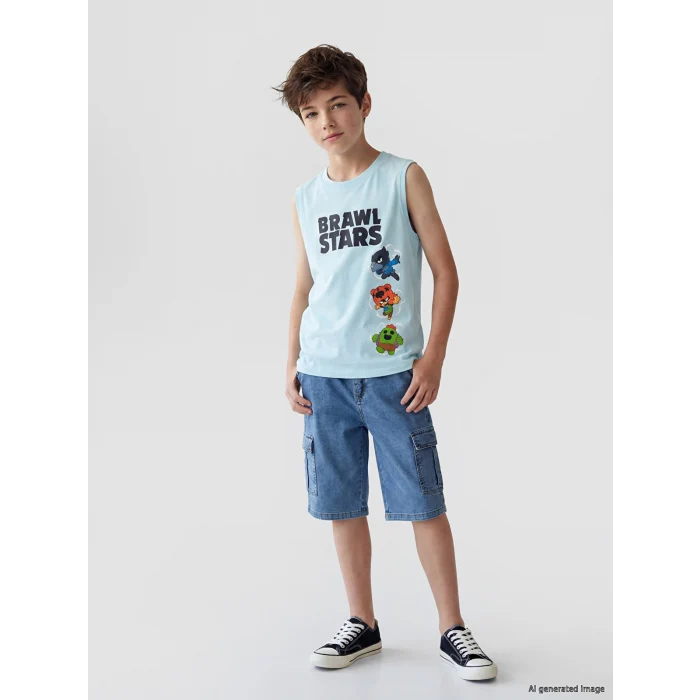 LCW Kids Mavi Bisiklet Yaka Brawl Stars Baskılı Erkek Çocuk Atlet