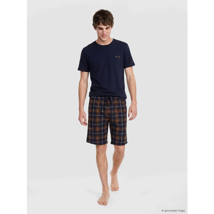 LC WAIKIKI Lacivert Standart Kalıp Ekose Erkek Şortlu Pijama Takımı