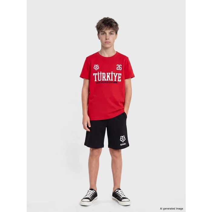 LCW Kids Kırmızı Fıfa 2026 Baskılı Erkek Çocuk Şortlu Takım