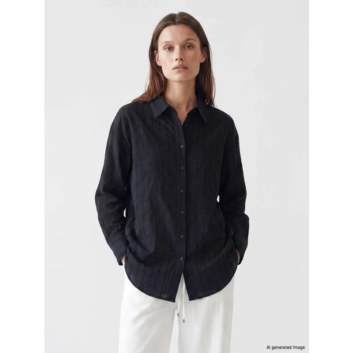 LCW Modest Siyah Çizgili Oversize Kadın Gömlek Tunik