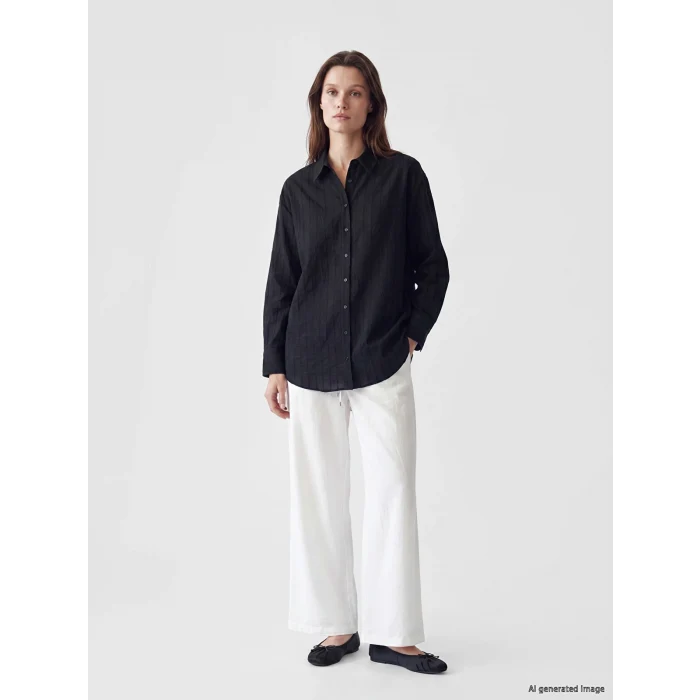 LCW Modest Siyah Çizgili Oversize Kadın Gömlek Tunik