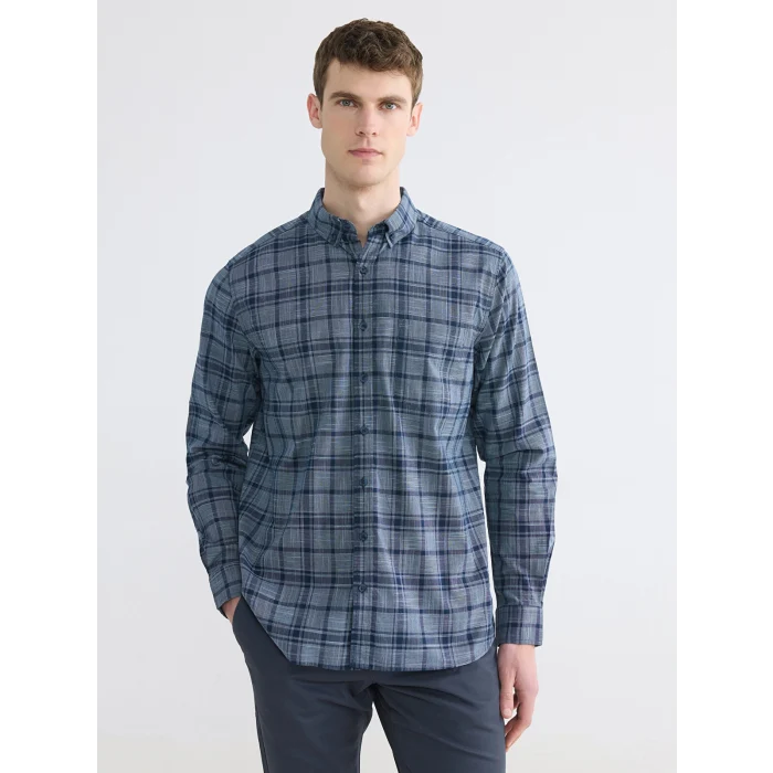 LCWAIKIKI Classic Lacivert Regular Fit Ekose Poplin Erkek Gömlek
