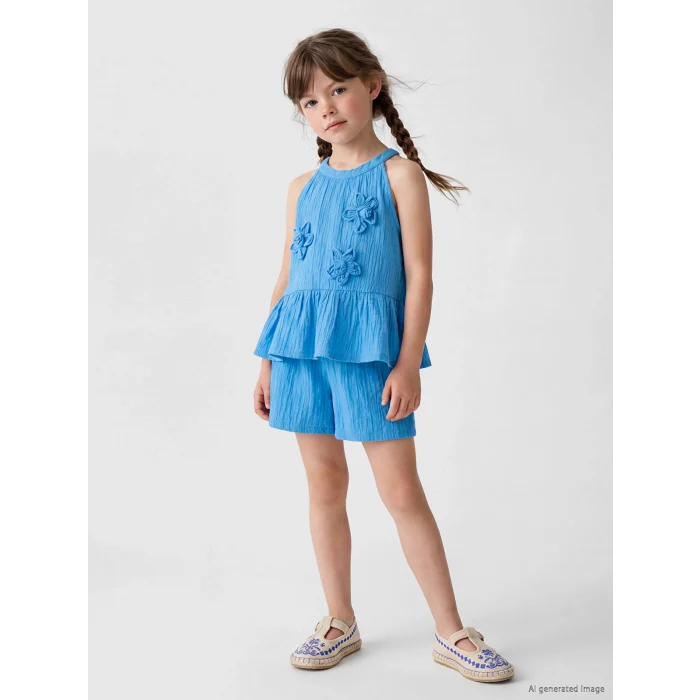 LCW Kids Mavi Çiçek Aplikeli Kız Çocuk Krinkle Takım