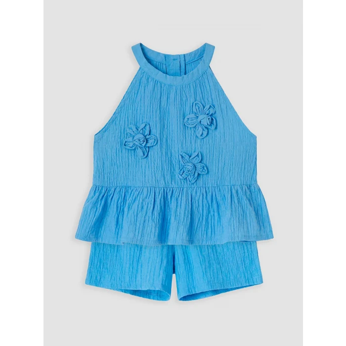 LCW Kids Mavi Çiçek Aplikeli Kız Çocuk Krinkle Takım