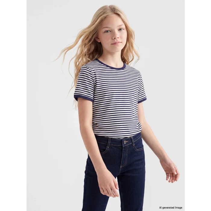 LCW Kids Lacivert Bisiklet Yaka Simli Çizgili Kız Çocuk Tişört