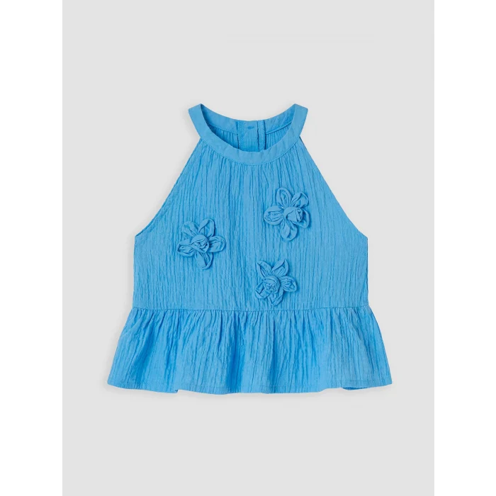 LCW Kids Mavi Çiçek Aplikeli Kız Çocuk Krinkle Takım
