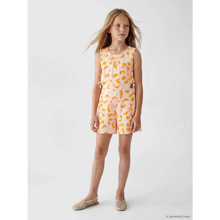 LCW Kids Ekru Bisiklet Yaka Çiçek Baskılı Kız Çocuk Tulum