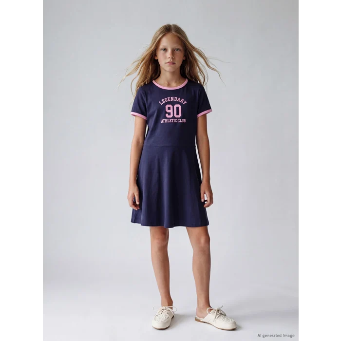 LCW Kids Lacivert Bisiklet Yaka Baskılı Kız Çocuk Elbise