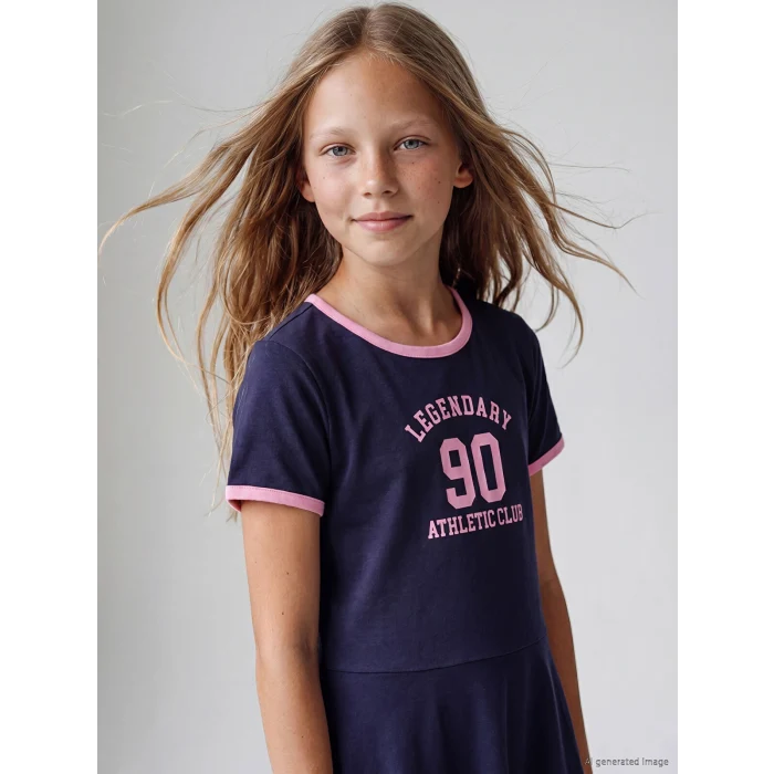 LCW Kids Lacivert Bisiklet Yaka Baskılı Kız Çocuk Elbise