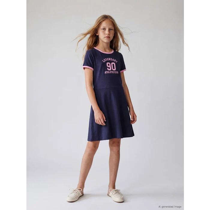 LCW Kids Lacivert Bisiklet Yaka Baskılı Kız Çocuk Elbise