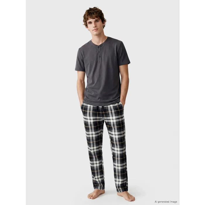 LC WAIKIKI Gri Regular Fit Ekose Erkek Pijama Takım