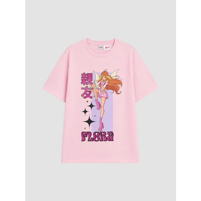 LCW Kids Pembe Bisiklet Yaka Winx Club Baskılı Kız Çocuk Tişört