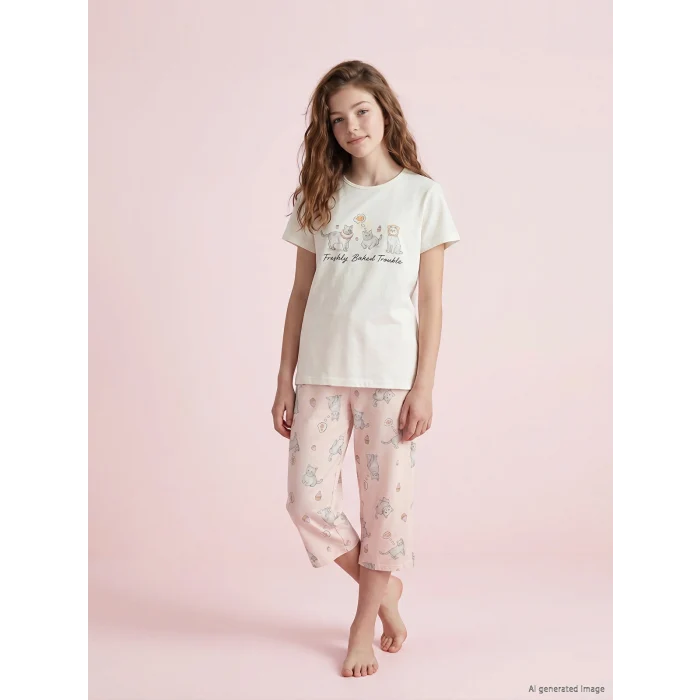 LCW Kids Ekru Baskılı Kız Çocuk Kaprili Pijama Takımı