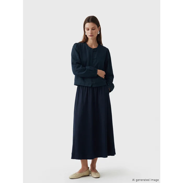LCW Modest Lacivert Beli Lastikli Keten Karışımlı Kloş Etek