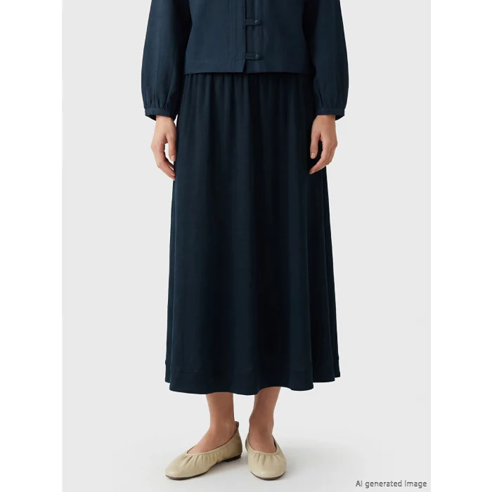LCW Modest Lacivert Beli Lastikli Keten Karışımlı Kloş Etek