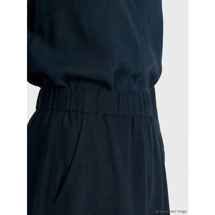 LCW Modest Lacivert Beli Lastikli Keten Karışımlı Kloş Etek