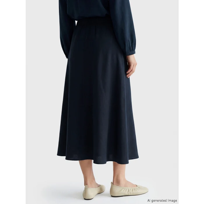 LCW Modest Lacivert Beli Lastikli Keten Karışımlı Kloş Etek