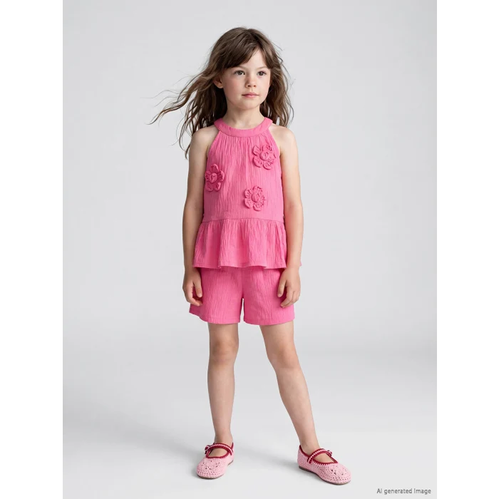 LCW Kids Pembe Çiçek Aplikeli Kız Çocuk Krinkle Takım