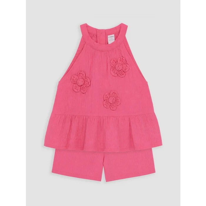 LCW Kids Pembe Çiçek Aplikeli Kız Çocuk Krinkle Takım