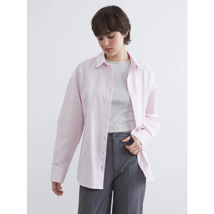XSIDE Pembe Çizgili Oversize Poplin Kadın Gömlek