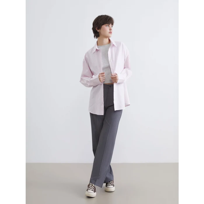 XSIDE Pembe Çizgili Oversize Poplin Kadın Gömlek