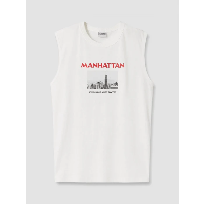 LCW Kids Beyaz Bisiklet Yaka Manhattan Baskılı Erkek Çocuk Atlet