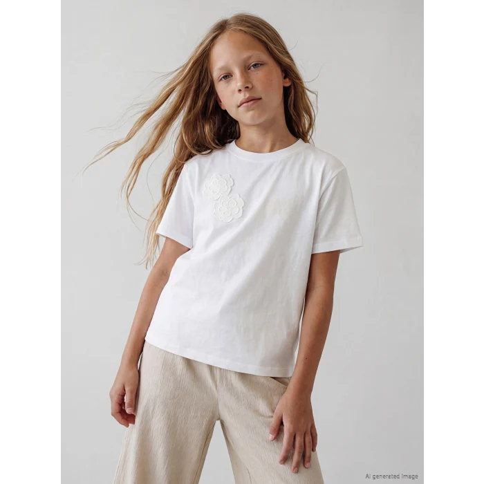 LCW Kids Ekru Çiçek Aplikeli Kız Çocuk Tişört