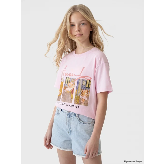 LCW Kids Pembe Bisiklet Yaka Baskılı Kız Çocuk Tişört