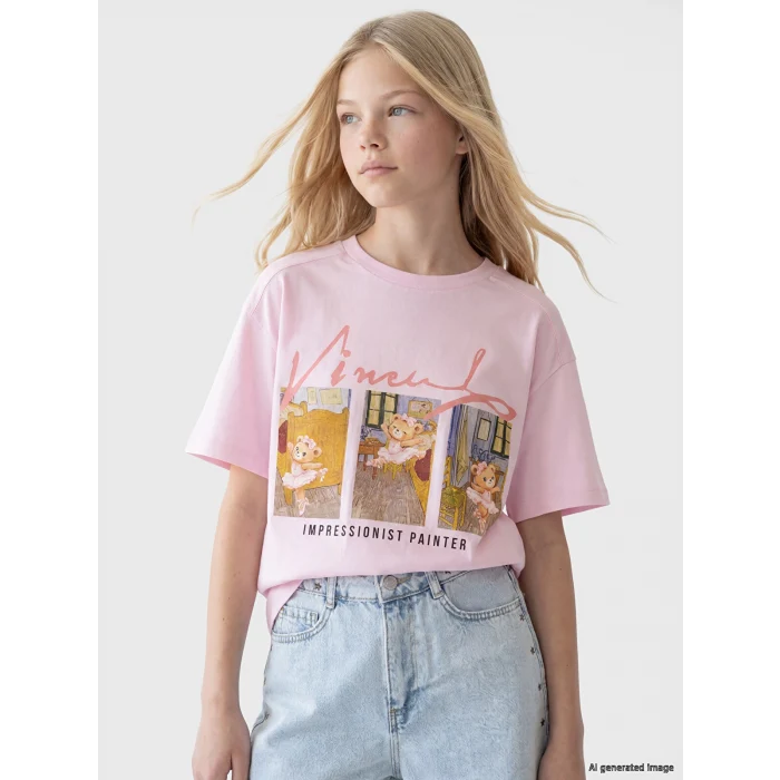 LCW Kids Pembe Bisiklet Yaka Baskılı Kız Çocuk Tişört