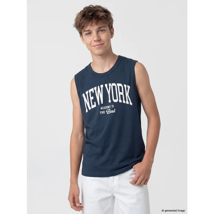 LCW Kids Petrol Bisiklet Yaka New York Baskılı Erkek Çocuk Atlet
