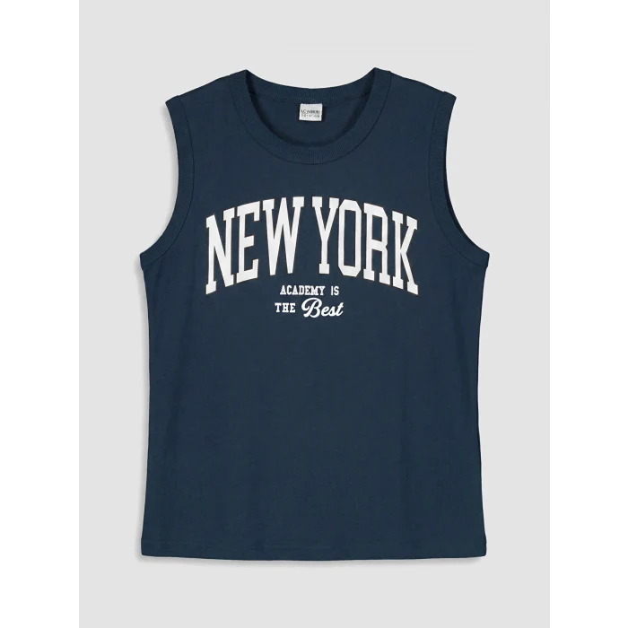 LCW Kids Petrol Bisiklet Yaka New York Baskılı Erkek Çocuk Atlet