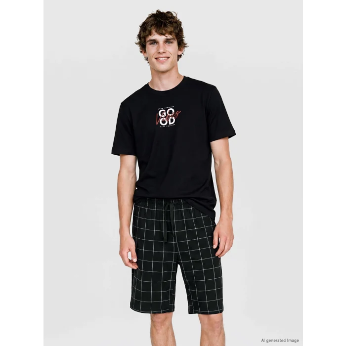 LC WAIKIKI Siyah Baskılı Erkek Şortlu Pijama Takımı