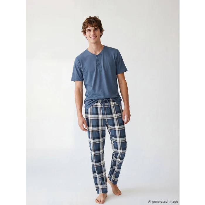LC WAIKIKI İndigo Regular Fit Ekose Erkek Pijama Takım
