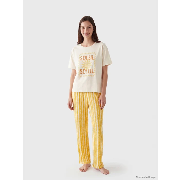 LCW DREAM Sarı Bisiklet Yaka Baskılı Kadın Pijama Takımı