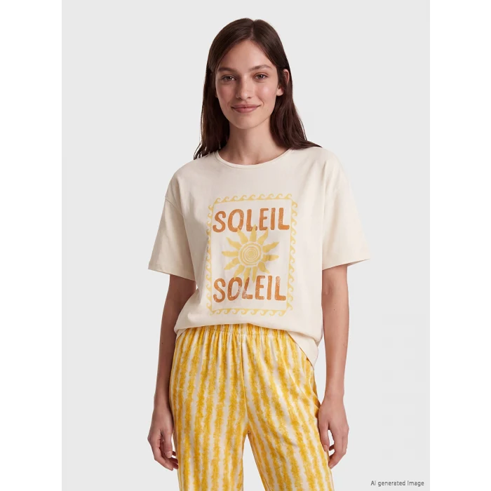 LCW DREAM Sarı Bisiklet Yaka Baskılı Kadın Pijama Takımı