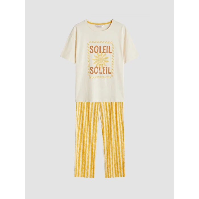 LCW DREAM Sarı Bisiklet Yaka Baskılı Kadın Pijama Takımı