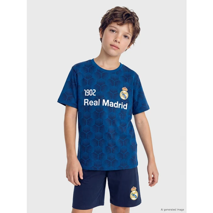 LCW Kids Mavi Real Madrid Baskılı Erkek Çocuk Şortlu Pijama Takımı