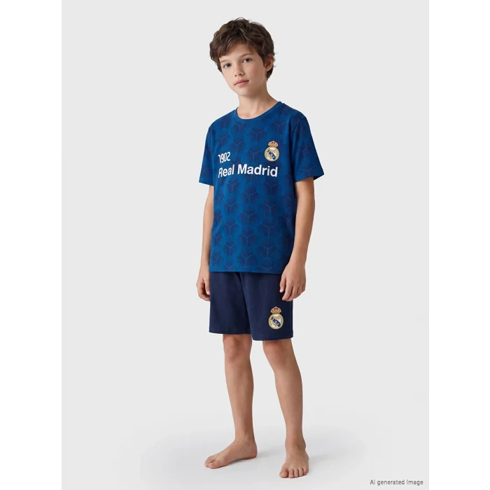 LCW Kids Mavi Real Madrid Baskılı Erkek Çocuk Şortlu Pijama Takımı
