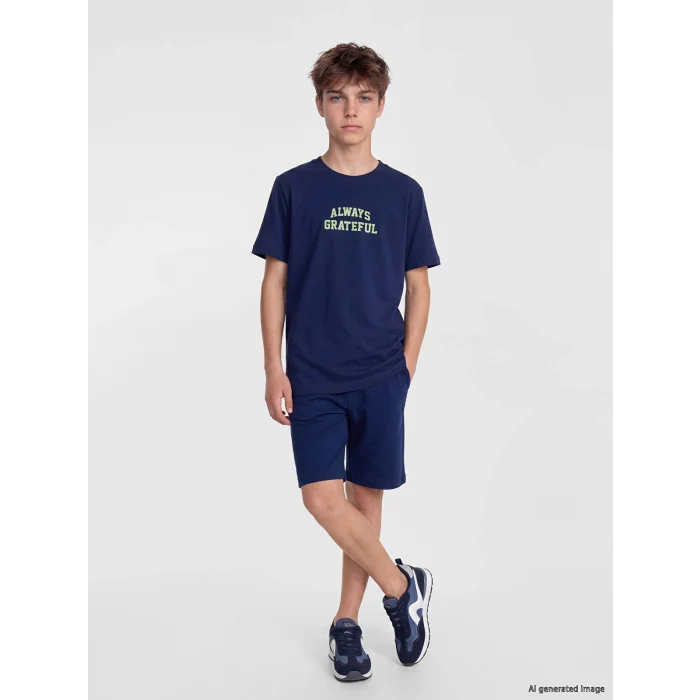 LCW Kids Lacivert Erkek Çocuk Slogan Baskılı Şortlu Takım