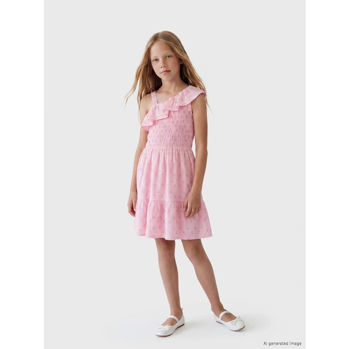 LCW Kids Pembe Tek Omuzlu Desenli Fırfırlı Kız Çocuk Elbise