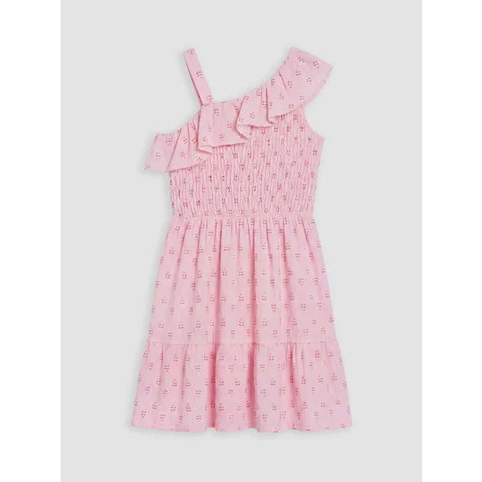 LCW Kids Pembe Tek Omuzlu Desenli Fırfırlı Kız Çocuk Elbise