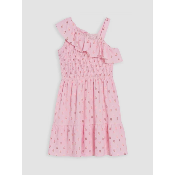 LCW Kids Pembe Tek Omuzlu Desenli Fırfırlı Kız Çocuk Elbise
